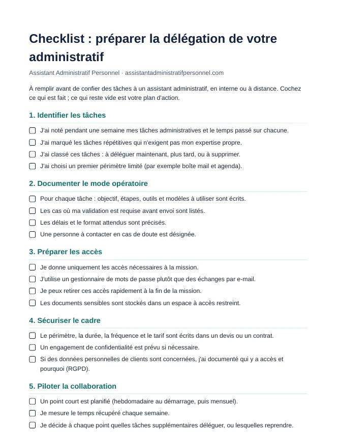 Aperçu de la checklist de délégation administrative (PDF, 2 pages)