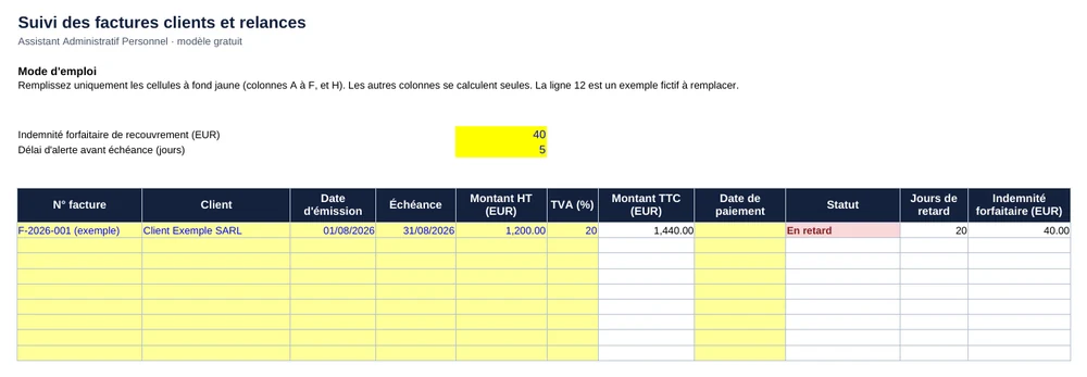 Aperçu du modèle Excel de suivi des factures et relances